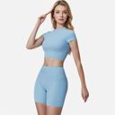 Blue Medium Women's Short Sleeve Ribbed Crop Top with Crew Neck and Stretch Fabric