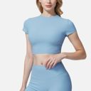 Blue Small Women's Short Sleeve Ribbed Crop Top with Crew Neck and Stretch Fabric