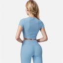 Blue Small Women's Short Sleeve Ribbed Crop Top with Crew Neck and Stretch Fabric