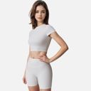 White Large Women's Short Sleeve Ribbed Crop Top with Crew Neck and Stretch Fabric