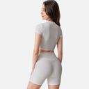 White Medium Women's Short Sleeve Ribbed Crop Top with Crew Neck and Stretch Fabric