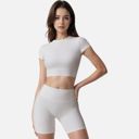 White Small Women's Short Sleeve Ribbed Crop Top with Crew Neck and Stretch Fabric