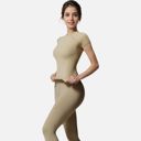 Beige Medium Women's Short Sleeve Seamless Fitted Tee with Crew Neck and Stretch Fabric