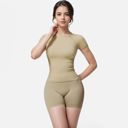 Beige Medium Women's Short Sleeve Seamless Fitted Tee with Crew Neck and Stretch Fabric