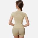 Beige Medium Women's Short Sleeve Seamless Fitted Tee with Crew Neck and Stretch Fabric