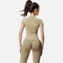 Beige Medium Women's Short Sleeve Seamless Fitted Tee with Crew Neck and Stretch Fabric