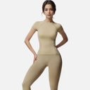 Beige Small Women's Short Sleeve Seamless Fitted Tee with Crew Neck and Stretch Fabric