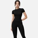 Black Medium Women's Short Sleeve Seamless Fitted Tee with Crew Neck and Stretch Fabric