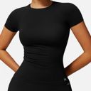 Black Medium Women's Short Sleeve Seamless Fitted Tee with Crew Neck and Stretch Fabric