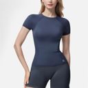 Blue Medium Women's Short Sleeve Seamless Fitted Tee with Crew Neck and Stretch Fabric