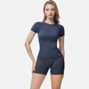 Blue Small Women's Short Sleeve Seamless Fitted Tee with Crew Neck and Stretch Fabric
