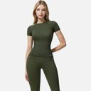 Green Small Women's Short Sleeve Seamless Fitted Tee with Crew Neck and Stretch Fabric