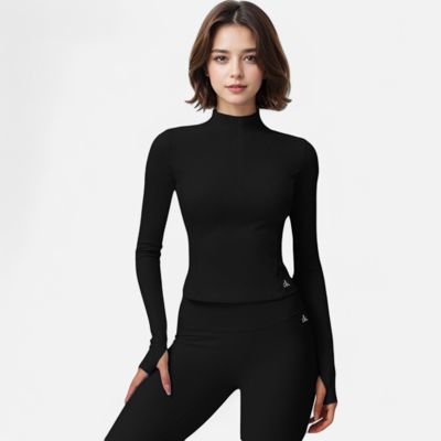 Women's Long Sleeve Fitted Ribbed Knit Top with Zip Collar and Thumbhole Cuffs