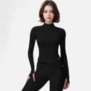  Women's Long Sleeve Fitted Ribbed Knit Top with Zip Collar and Thumbhole Cuffs