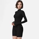 Black Medium Women's Long Sleeve Fitted Ribbed Knit Top with Zip Collar and Thumbhole Cuffs