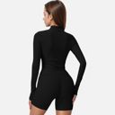 Black Small Women's Long Sleeve Fitted Ribbed Knit Top with Zip Collar and Thumbhole Cuffs