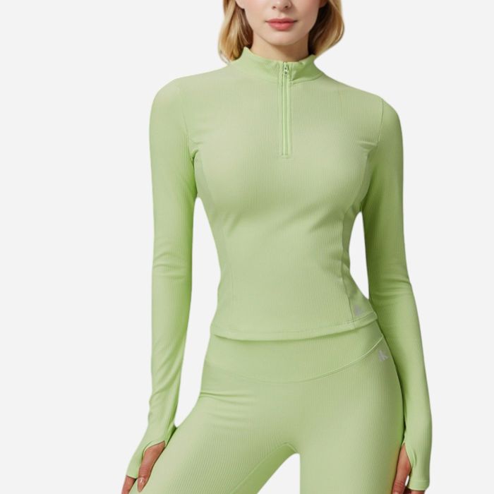 Women's Long Sleeve Fitted Ribbed Knit Top with Zip Collar and Thumbhole Cuffs