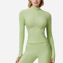 Green Medium Women's Long Sleeve Fitted Ribbed Knit Top with Zip Collar and Thumbhole Cuffs