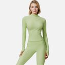 Green Medium Women's Long Sleeve Fitted Ribbed Knit Top with Zip Collar and Thumbhole Cuffs