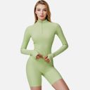 Green Medium Women's Long Sleeve Fitted Ribbed Knit Top with Zip Collar and Thumbhole Cuffs