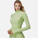Green Medium Women's Long Sleeve Fitted Ribbed Knit Top with Zip Collar and Thumbhole Cuffs