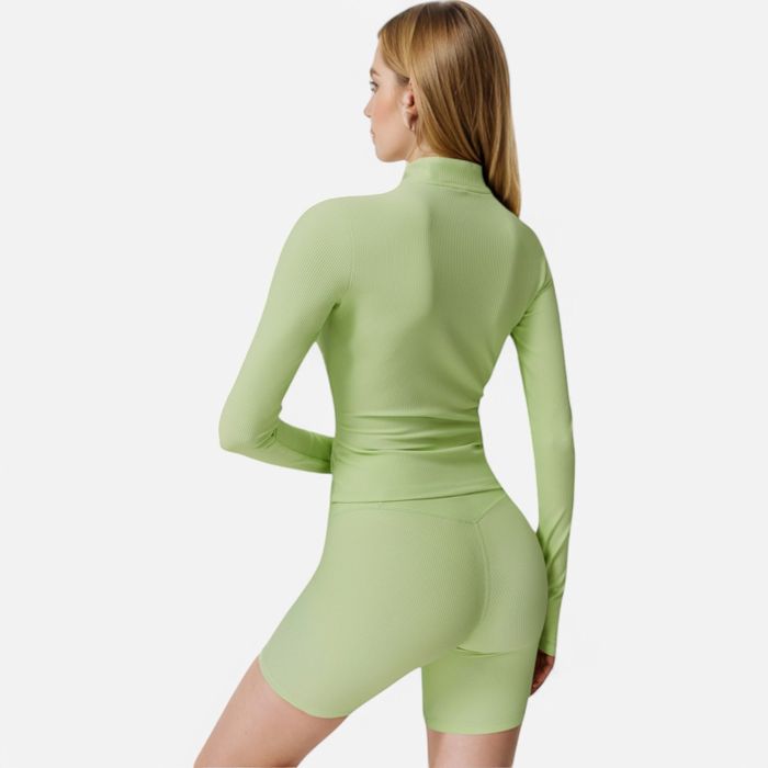 Women's Long Sleeve Fitted Ribbed Knit Top with Zip Collar and Thumbhole Cuffs