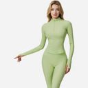 Green Medium Women's Long Sleeve Fitted Ribbed Knit Top with Zip Collar and Thumbhole Cuffs