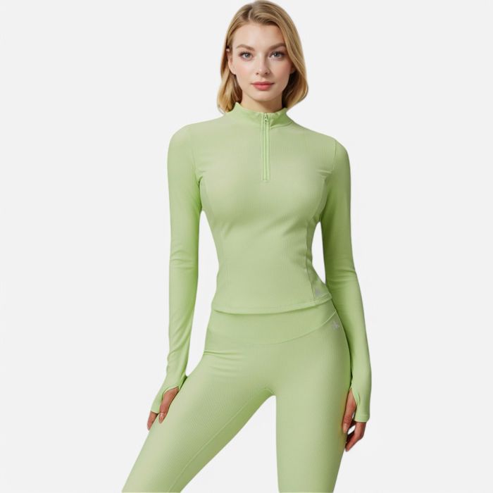 Women's Long Sleeve Fitted Ribbed Knit Top with Zip Collar and Thumbhole Cuffs