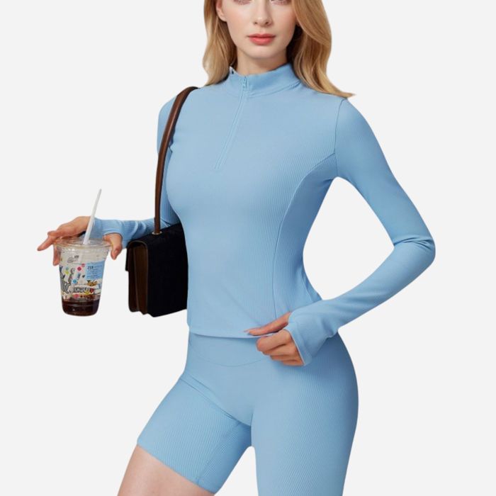 Women's Long Sleeve Fitted Ribbed Knit Top with Zip Collar and Thumbhole Cuffs