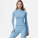 Blue Medium Women's Long Sleeve Fitted Ribbed Knit Top with Zip Collar and Thumbhole Cuffs