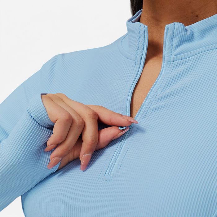 Women's Long Sleeve Fitted Ribbed Knit Top with Zip Collar and Thumbhole Cuffs