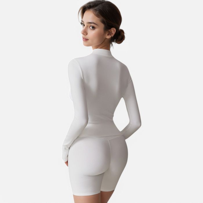 Women's Long Sleeve Fitted Ribbed Knit Top with Zip Collar and Thumbhole Cuffs
