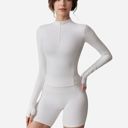 White Medium Women's Long Sleeve Fitted Ribbed Knit Top with Zip Collar and Thumbhole Cuffs
