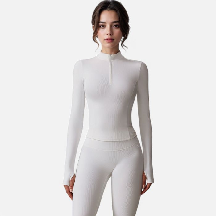 Women's Long Sleeve Fitted Ribbed Knit Top with Zip Collar and Thumbhole Cuffs