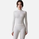 White Medium Women's Long Sleeve Fitted Ribbed Knit Top with Zip Collar and Thumbhole Cuffs