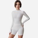 White Medium Women's Long Sleeve Fitted Ribbed Knit Top with Zip Collar and Thumbhole Cuffs