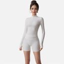 White Medium Women's Long Sleeve Fitted Ribbed Knit Top with Zip Collar and Thumbhole Cuffs