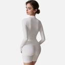 White Medium Women's Long Sleeve Fitted Ribbed Knit Top with Zip Collar and Thumbhole Cuffs
