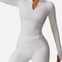 White Medium Women's Long Sleeve Fitted Ribbed Knit Top with Zip Collar and Thumbhole Cuffs