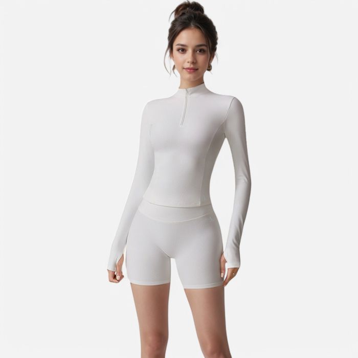 Women's Long Sleeve Fitted Ribbed Knit Top with Zip Collar and Thumbhole Cuffs