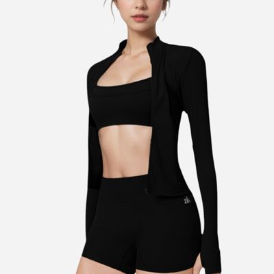 Women's Long Sleeve Fitted Zip-Up Jacket with High Collar and Thumbhole Cuffs