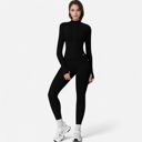 Black Large Women's Long Sleeve Fitted Zip-Up Jacket with High Collar and Thumbhole Cuffs