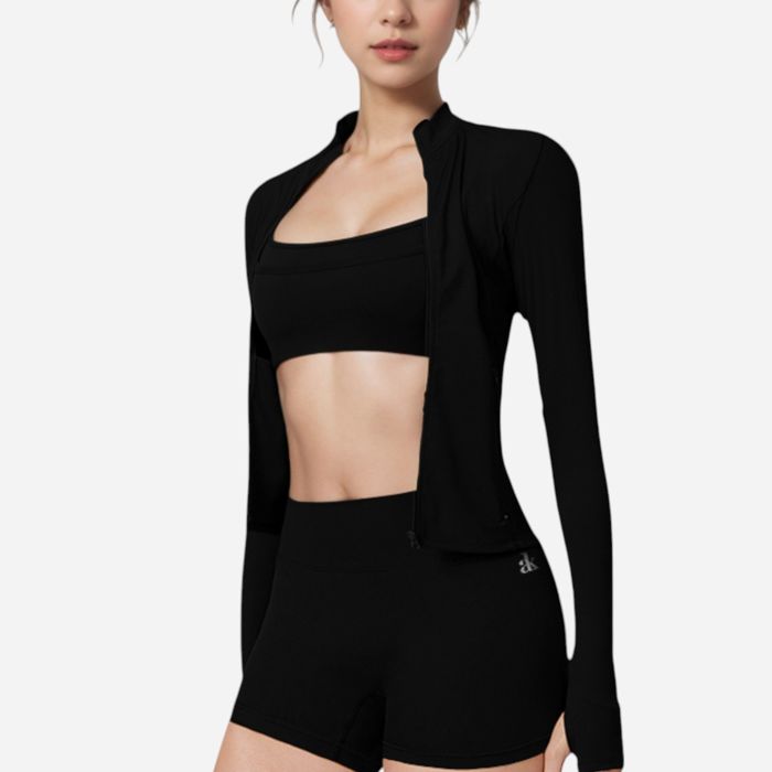 Women's Long Sleeve Fitted Zip-Up Jacket with High Collar and Thumbhole Cuffs