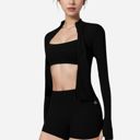 Black Medium Women's Long Sleeve Fitted Zip-Up Jacket with High Collar and Thumbhole Cuffs