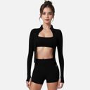 Black Medium Women's Long Sleeve Fitted Zip-Up Jacket with High Collar and Thumbhole Cuffs