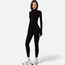 Black Medium Women's Long Sleeve Fitted Zip-Up Jacket with High Collar and Thumbhole Cuffs