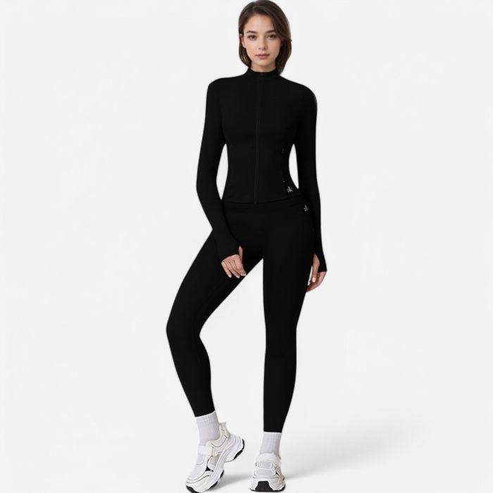 Women's Long Sleeve Fitted Zip-Up Jacket with High Collar and Thumbhole Cuffs