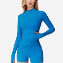 Blue Medium Women's Long Sleeve Fitted Zip-Up Jacket with High Collar and Thumbhole Cuffs