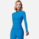 Blue Medium Women's Long Sleeve Fitted Zip-Up Jacket with High Collar and Thumbhole Cuffs