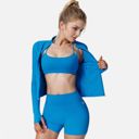 Blue Medium Women's Long Sleeve Fitted Zip-Up Jacket with High Collar and Thumbhole Cuffs